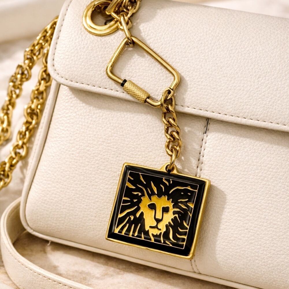 Vintage Anne Klein Lion Keychain Black Enamel Gold Tone Designer Bag Charm